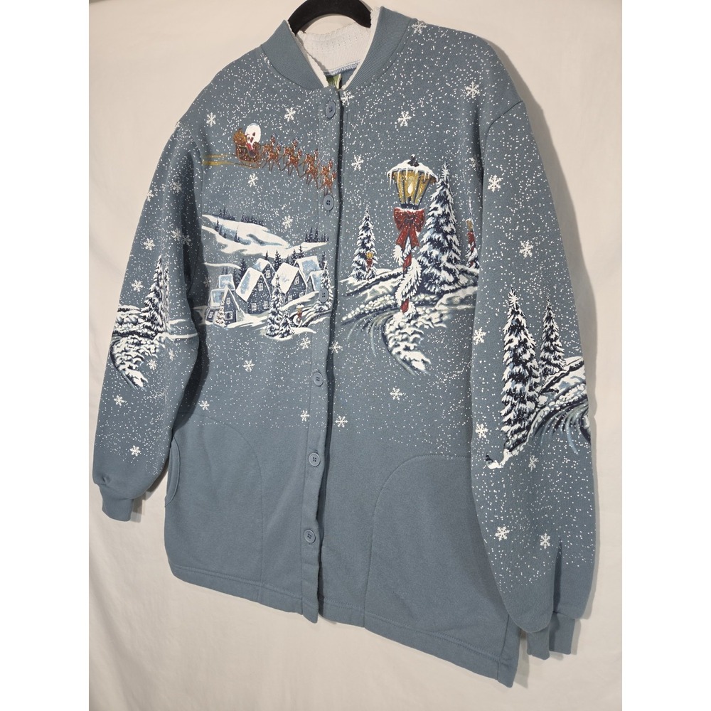 Art Unlimited Cardigan Jacket Large Button Santas Sleigh Christmas Santa Vintage - Picture 2 of 9